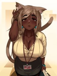 Rule 34 | 1girl, absurdres, animal ears, blouse, breasts, cat ears, cat tail, cleavage, collared shirt, commentary, dark-skinned female, dark skin, english commentary, hair between eyes, highres, kevbot, large breasts, leaning forward, looking at viewer, mole, mole under eye, office lady, original, ponytail cat girl (kevbot), red eyes, shirt, solo, tail, taut clothes, taut shirt, white shirt