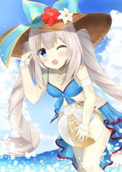 Rule 34 | 1girl, 7 calpis 7, ball, beachball, blue eyes, blush, breasts, cleavage, fate (series), hat, highres, holding, holding ball, jewelry, long hair, looking at viewer, marie antoinette (fate), marie antoinette (swimsuit caster) (third ascension) (fate), medium breasts, necklace, one eye closed, open mouth, silver hair, smile, solo, sun hat, swimsuit, twintails, type-moon