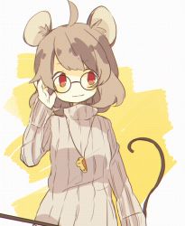 Rule 34 | 1girl, ahoge, alternate costume, animal ears, bad id, bad twitter id, bespectacled, cheese, daizu (melon-lemon), dowsing rod, food, glasses, grey hair, mouse ears, mouse tail, nazrin, red eyes, short hair, solo, sweater, tail, touhou