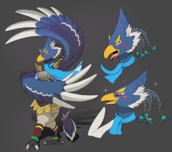 Rule 34 | 1boy, animal feet, arijuno, arm up, armor, beak, bird boy, bird legs, bird tail, blue fur, blue hair, blue scarf, blue wings, blush stickers, body fur, braid, breastplate, claws, closed eyes, constricted pupils, full body, furry, furry male, green eyes, grey background, hair tie, happy, looking to the side, male focus, multiple views, nintendo, open mouth, portrait, profile, quad tails, revali, rito, scarf, short hair, shoulder pads, simple background, smile, sparkle, standing, surprised, tail, the legend of zelda, the legend of zelda: breath of the wild, tongue, two-tone fur, u u, white fur, wide-eyed, winged arms, wings