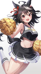 Rule 34 | 1girl, ahoge, alternate costume, animal ears, armpits, bare shoulders, black hair, black shirt, black skirt, blush, cheerleader, commentary request, crop top, cropped legs, cropped shirt, hair between eyes, hair ornament, hair ribbon, hand on own hip, hand up, highres, holding, holding pom poms, horse ears, horse girl, horse tail, jumping, kitasan black (umamusume), kuze kaname, leg up, looking at viewer, midriff, multicolored hair, navel, open mouth, pleated skirt, pom pom (cheerleading), pom poms, red eyes, red ribbon, ribbon, shirt, simple background, skirt, sleeveless, sleeveless shirt, smile, solo, streaked hair, tail, two-tone hair, two side up, umamusume, white background, white hair