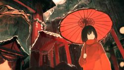 Rule 34 | 1girl, black hair, commentary request, expressionless, frog, from below, holding, holding umbrella, kitsune (kazenouta), long sleeves, oil-paper umbrella, original, outdoors, rain, red sweater, red umbrella, short hair, solo, sweater, umbrella, upper body, wide shot