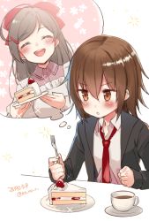 Rule 34 | 2girls, apron, blazer, brown eyes, brown hair, cake, chestnut mouth, cup, dated, food, fork, hair bobbles, hair ornament, hairclip, jacket, kantai collection, kappougi, koruri, long hair, mamiya (kancolle), multiple girls, necktie, open mouth, red neckwear, round teeth, short hair, smile, strawberry shortcake, table, teacup, teeth, twitter username, upper body, upper teeth only, wakaba (kancolle)