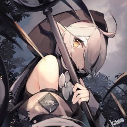 Rule 34 | 1girl, ahoge, arknights, bad id, bad pixiv id, bare shoulders, commentary request, hair over one eye, highres, holding, holding staff, kitere, long sleeves, looking at viewer, pointy ears, short hair, silver hair, solo, staff, tomimi (arknights), upper body, yellow eyes