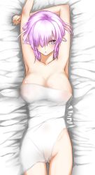 Rule 34 | 1girl, bare shoulders, blush, breasts, cleavage, fate/grand order, fate (series), full body, gloves, hair over one eye, highres, large breasts, looking at viewer, mash kyrielight, navel, no panties, open mouth, purple eyes, purple hair, see-through, short hair, simple background, solo, thighhighs, wet, white background, x-ray, x-ray vision