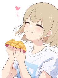 Rule 34 | 1girl, blush, closed eyes, closed mouth, commentary request, food, heart, highres, holding, holding food, light brown hair, mango, novi visual, original, shirt, short hair, short sleeves, simple background, solo, upper body, white background, white shirt