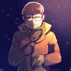 Rule 34 | 10s, 1boy, :&gt;, artist name, bespectacled, blue background, blush, breath, brown hair, coat, glasses, gloves, looking at viewer, male focus, matsuno choromatsu, nyaph, osomatsu-kun, osomatsu-san, osomatsu (series), pov, scarf, solo, trench coat