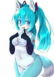Rule 34 | 1girl, animal ear fluff, animal ears, bad id, bad twitter id, bikini, blue eyes, blue fur, blue hair, body fur, elbow gloves, female focus, fox ears, fox tail, furrification, furry, furry female, gloves, hatsune miku, highres, looking at viewer, navel, open mouth, shiitakemeshi, simple background, solo, striped bikini, striped clothes, swimsuit, tail, twintails, vocaloid, white background