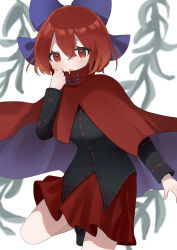 Rule 34 | 1girl, :o, blouse, blue bow, blush, bow, cape, covering own mouth, cowboy shot, foot out of frame, hair bow, high collar, highres, long sleeves, looking at viewer, machimo, miniskirt, open mouth, pleated skirt, red cape, red eyes, red hair, red skirt, sekibanki, shirt, short hair, simple background, skirt, solo, standing, standing on one leg, touhou, white background