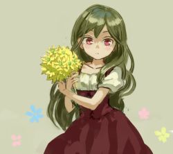 Rule 34 | 1girl, :&lt;, ama-tou, blush, bouquet, brown hair, dress, flower, green hair, holding, holding flower, long hair, looking at viewer, original, red eyes, simple background, sketch, solo, tsurime, wavy hair