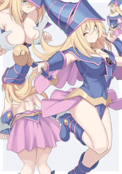 Rule 34 | 1girl, ;), bare back, blonde hair, blue headwear, blush stickers, breasts, cleavage, closed mouth, dark magician girl, duel monster, grabbing, grabbing another&#039;s breast, grabbing from behind, green eyes, grey background, hat, highres, large breasts, long hair, magical girl, multiple views, one eye closed, shiseki hirame, simple background, smile, standing, standing on one leg, thighs, wizard hat, yu-gi-oh!, yu-gi-oh! duel monsters