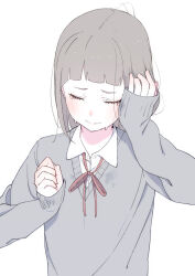 Rule 34 | 1girl, afnroll, bob cut, bow, brown hair, closed eyes, commentary, crying, grey shirt, hand on own face, highres, hime cut, original, red bow, school uniform, shirt, short hair, simple background, solo, upper body, white background