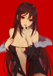 Rule 34 | 1girl, bare shoulders, biting, black choker, black dress, black hair, black jacket, blood, blood from mouth, breasts, breasts apart, center opening, choker, collarbone, dress, earrings, fate/grand order, fate (series), finger biting, fur trim, groin, hands up, head tilt, highres, jacket, jewelry, long hair, looking at viewer, medium breasts, navel, ocarino, off shoulder, open clothes, open jacket, parted lips, red background, red eyes, revealing clothes, sidelocks, simple background, solo, standing, stomach, teeth, torn clothes, torn jacket, upper body, very long hair, yu mei-ren (fate)