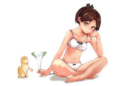 Rule 34 | 1girl, afterimage, animal, bare arms, bare legs, bare shoulders, barefoot, black ribbon, blush, bow, bow bra, bow panties, bra, breasts, brown eyes, brown hair, cat, cat teaser, character request, collarbone, commentary request, full body, hair ribbon, hand on own cheek, hand on own face, kantai collection, looking at viewer, motion lines, panties, parted bangs, parted lips, ribbon, rizzl, short hair, short ponytail, simple background, sitting, small breasts, solo, underwear, underwear only, white background, white bra, white panties