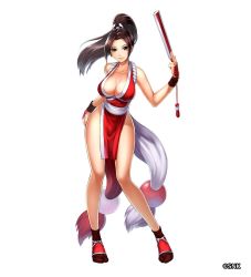 Rule 34 | 1girl, artist request, bare shoulders, breasts, brown eyes, brown hair, cleavage, closed mouth, collarbone, copyright name, fatal fury, full body, hand fan, hand up, holding, japanese clothes, large breasts, lips, long hair, ninja, official art, parted bangs, pelvic curtain, ponytail, shiranui mai, simple background, sleeveless, smile, solo, standing, the king of fighters, thighs, valkyrie connect, white background