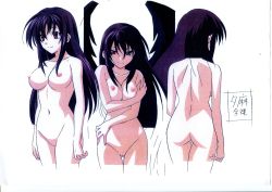 Rule 34 | 10s, 1girl, absurdres, ass, black hair, black wings, breasts, fallen angel, high school dxd, highres, long hair, medium breasts, nipples, no pussy, nude, official art, purple hair, raynare, smile, solo, solo focus, white background, wings