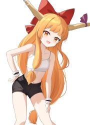 Rule 34 | 1girl, absurdres, black shorts, blue ribbon, blush, bow, collarbone, feet out of frame, hair bow, highres, horn ornament, horn ribbon, horns, ibuki suika, long hair, looking at viewer, navel, oeyama, oni horns, open mouth, orange eyes, orange hair, red bow, ribbon, shorts, simple background, smile, solo, touhou, white background, wrist cuffs