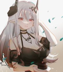 Rule 34 | 1girl, arknights, arm up, bare shoulders, black choker, breasts, cake, cake slice, choker, cleavage, demon horns, falling petals, food, gradient background, grey hair, hair ornament, highres, holding, holding cake, holding food, holding plate, horns, jewelry, large breasts, long hair, looking at viewer, mudrock (arknights), mudrock (obsidian) (arknights), necklace, official alternate costume, petals, plate, pointy ears, red eyes, simple background, smile, solo, upper body, white background, yuwan1241
