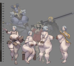 Rule 34 | 1boy, 4girls, 69 (artist), absurdres, ass, basket, black hair, blonde hair, bread, breasts, brown hair, character sheet, colored skin, dress, fat, feet, food, green nails, grey hair, hat, high heels, highres, horns, huge breasts, jewelry, large breasts, lipstick, makeup, mature female, multiple girls, nail polish, necklace, nipples, nude, pointy ears, pubic hair, purple skin, pussy, red dress, restrained, robe, sandals, scar, sitting, size difference, stool, sword, thick thighs, thighs, thong, transparent, weapon, yellow eyes, aged down