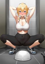 Rule 34 | 1girl, armpits, arms behind back, arms up, bare arms, bare shoulders, black pants, blue eyes, blush, breasts, covered navel, full body, genshin impact, greem bang, highres, indoors, jean (genshin impact), large breasts, looking at viewer, nipple piercing, nipple rings, no socks, pants, parted lips, piercing, ponytail, shoes, short hair, sidelocks, smile, sneakers, solo, sports bra, spread legs, squat toilet, squatting, sweat, toilet stall, v-shaped eyebrows, white footwear, yoga pants