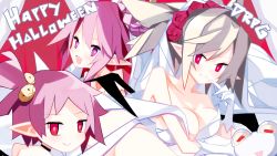 Rule 34 | 1boy, 3girls, :d, blush, breasts, bride, cleavage, demon girl, disgaea, disgaea rpg, dress, flower, frog, grey hair, hair flower, hair ornament, halloween, highres, large breasts, looking at viewer, majolaine (disgaea), makai senki disgaea, makai senki disgaea 2, makai senki disgaea 5, makai senki disgaea 6, multiple girls, nanozenzen, open mouth, pink eyes, pink hair, pointy ears, red eyes, red flower, red rose, rose, rozalin, seraphina (disgaea), smile, tink (disgaea), wedding dress, white dress