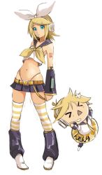 Rule 34 | 1girl, adapted costume, black skirt, black sleeves, blonde hair, blouse, blue eyes, bow, bow hairband, cosplay, crop top, detached sleeves, full body, hair bow, hair ornament, hairband, hairclip, headphones, headset, highleg, highleg panties, highres, innertube, kagamine len, kagamine rin, kantai collection, long hair, microphone, microskirt, midriff, navel, neckerchief, number tattoo, panties, pleated skirt, ryouzou, shimakaze (kancolle), shimakaze (kancolle) (cosplay), shirt, shoulder tattoo, simple background, skirt, sleeveless, sleeveless shirt, solo, standing, stomach, striped clothes, striped thighhighs, swept bangs, swim ring, tattoo, thighhighs, underwear, vocaloid, white background, white bow, white footwear, white hairband, yellow neckerchief