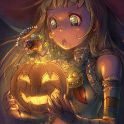 Rule 34 | !, 1girl, :o, bad id, bad pixiv id, bare shoulders, breasts, bridal gauntlets, detached sleeves, elbow gloves, frills, gloves, glowing, green eyes, halloween, happy halloween, hat, holding, jack-o&#039;-lantern, long hair, mini person, miniboy, nucomas, open mouth, original, pumpkin, small breasts, smiley face, solo, sparkle, stitches