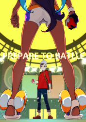 Rule 34 | 1boy, 1girl, absurdres, ass, beanie, brown eyes, brown footwear, brown hair, commentary request, creatures (company), dark-skinned female, dark skin, denim, dynamax band, from below, galbi (iouytuuyio), game freak, gloves, grey headwear, gym leader, hat, highres, holding, holding poke ball, jeans, kneepits, long hair, multicolored hair, nessa (pokemon), nintendo, pants, poke ball, poke ball (basic), pokemon, pokemon swsh, red shirt, sandals, shirt, shoes, single glove, sleeves rolled up, standing, suitcase, swept bangs, torn clothes, torn jeans, torn pants, two-tone hair, victor (pokemon)