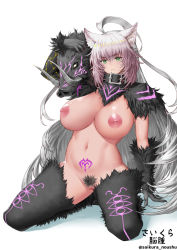 Rule 34 | 1girl, agrius metamorphosis, ahoge, alternate breast size, animal ears, atalanta (fate), atalanta alter (fate), blush, bottomless, breasts, cat ears, collar, fate/apocrypha, fate/grand order, fate (series), female pubic hair, gradient hair, green eyes, highres, large breasts, long hair, looking at viewer, multicolored hair, navel, nipples, pubic hair, pubic tattoo, pussy, saikura noushu, simple background, sitting, solo, tattoo, thighhighs, topless, uncensored, very long hair, white background, white hair