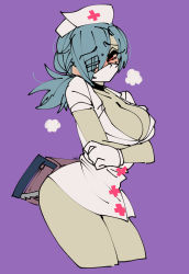 Rule 34 | 1girl, bandage over one eye, blue hair, blush, bonesaw, breath, choker, cowboy shot, crossed arms, eyepatch, gloves, hat, highres, looking at viewer, looking to the side, mask, mouth mask, nurse cap, ponytail, pouch, purple background, red eyes, sabi, saw, skullgirls, solo, surgical mask, valentine (skullgirls)