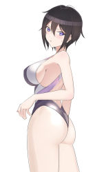 Rule 34 | 1girl, arched back, arm at side, aru (aru 4ru), ass, back cutout, bad id, bad pixiv id, bare arms, bare shoulders, black hair, black one-piece swimsuit, blue eyes, blush, breasts, clothing cutout, commentary request, competition swimsuit, covered erect nipples, cowboy shot, dolphin wave, from side, hair between eyes, hand up, large breasts, looking at viewer, looking to the side, one-piece swimsuit, parted lips, short hair, sideboob, simple background, solo, standing, suminoe shion, sweatdrop, swimsuit, two-tone swimsuit, white background, white one-piece swimsuit