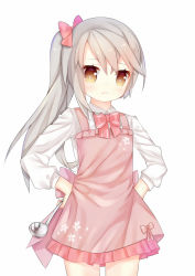 Rule 34 | 1girl, apron, blush, bow, brown eyes, closed mouth, collared shirt, commentary, cowboy shot, frilled apron, frills, grey hair, hair between eyes, hair bow, hands on own hips, highres, holding, ladle, long hair, long sleeves, looking at viewer, ping hai (warship girls r), pink apron, pink bow, pink skirt, pleated skirt, pout, shirt, side ponytail, simple background, skirt, solo, standing, tengxiang lingnai, warship girls r, white background, white shirt