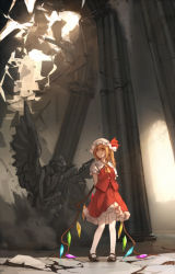 Rule 34 | 1girl, arms behind back, ascot, blonde hair, destruction, flandre scarlet, floor, hat, looking away, mary janes, pillar, red eyes, rubble, ruins, shoes, short hair, side ponytail, skirt, solo, statue, touhou, white legwear, wings, xiao qiang (overseas)