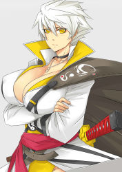 Rule 34 | 10s, 1girl, belt, breasts, cape, choker, cleavage, crossed arms, earrings, covered erect nipples, exaxuxer, grey background, high collar, highres, huge breasts, jewelry, miyabi (senran kagura), necklace, no bra, panties, senran kagura, senran kagura shinovi versus, short hair, solo, stud earrings, sword, underwear, weapon, white hair, yellow eyes, yellow panties