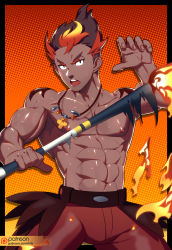 Rule 34 | 1boy, abs, biceps, black border, border, brown hair, collarbone, commentary request, creatures (company), dark-skinned male, dark skin, fire, game freak, gradient background, hand up, highres, holding, jewelry, kiawe (pokemon), looking at viewer, lvlv, male focus, multicolored hair, muscular, muscular male, navel, necklace, nintendo, nipples, open mouth, pectorals, pokemon, pokemon sm, red hair, red shorts, shiny skin, short hair, shorts, solo, sweat, teeth, tongue, topless male, upper teeth only, veins