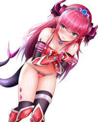 Rule 34 | 1girl, black thighhighs, blue eyes, blush, breasts, choker, covering privates, covering breasts, elizabeth bathory (brave) (fate), elizabeth bathory (fate), embarrassed, fate/grand order, fate (series), gauntlets, highres, horns, long hair, looking to the side, monaka curl, pink hair, pointy ears, simple background, small breasts, solo, standing, tail, thighhighs, topless, white background