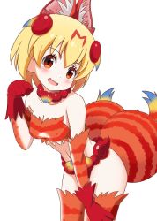 Rule 34 | 1girl, :d, animal ear fluff, animal ears, bare shoulders, blonde hair, breasts, elbow gloves, extra ears, fang, gloves, hand on own knee, hand up, head tilt, ilyfon133, jewelry, kemono friends, leaning forward, looking at viewer, medium breasts, multiple tails, navel, necklace, open mouth, paw pose, pearl necklace, red eyes, serval (kemono friends), shiserval lefty, short hair, simple background, smile, solo, stomach, tail, thighhighs, two tails, white background