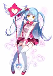 Rule 34 | 1girl, blue hair, blush, bow, emia (castilla), full body, garter straps, hair ornament, heart, heart hair ornament, highres, lobotomy corporation, long hair, looking at viewer, miniskirt, nail polish, open mouth, pink bow, pink nails, project moon, queen of hatred, skirt, smile, solo, striped clothes, striped skirt, thighhighs, two side up, vertical-striped clothes, vertical-striped skirt, very long hair, white thighhighs, yellow eyes