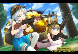 Rule 34 | + +, .live, 1boy, 1girl, :d, ak-47, animal ear fluff, animal ears, assault rifle, backpack, bag, blonde hair, blue eyes, blue skirt, blue sky, blurry, blurry background, casing ejection, cloud, commentary request, crossover, day, dennou shoujo siro, detached sleeves, explosion, firing, fox ears, gun, highres, kalashnikov rifle, kemomimi oukoku kokuei housou, kurione (zassou), letterboxed, logo parody, lying, mikoko (kemomimi oukoku kokuei housou), multiple girls, nekomasu (kemomimi vr channel), on one knee, on side, open mouth, outdoors, parody, playerunknown&#039;s battlegrounds, rifle, scared, shell casing, skirt, sky, smile, sweatdrop, thighhighs, title parody, trap, tree, trembling, turn pale, twintails, virtual youtuber, weapon, weapon request, white hair, white thighhighs, wide sleeves