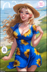 Rule 34 | 1girl, absurdres, aroma sensei, artist name, beach, bikini, bikini under clothes, black border, blonde hair, blue dress, blue eyes, border, breasts, cleavage, collarbone, covered navel, cowboy shot, curvy, dress, english text, floating hair, floral print, freckles, grass, grin, haley (stardew valley), hat, highres, large breasts, long hair, looking at viewer, mole, mole on breast, nose, open mouth, outdoors, parted hair, patreon username, short dress, sky, smile, solo, sound effects, speech bubble, stardew valley, straw hat, swimsuit, v-neck, wide hips, wind, wind lift