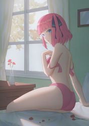 Rule 34 | 1girl, ass, bed, bedroom, blue eyes, blunt bangs, blush, bra, breasts, butterfly hair ornament, curtains, flower, from behind, go-toubun no hanayome, hair ornament, hair ribbon, hand on own chest, highres, looking at viewer, looking back, nakano nino, nightstand, on bed, open bra, open mouth, panties, petals, pillow, pink bra, pink hair, pink panties, ribbon, rose, rose petals, short hair, sitting, solo, sunlight, underwear, underwear only, vase, window, yihsien
