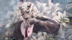 Rule 34 | 1boy, aio (aio769), animal ears, animal hands, arknights, black suit, blood, blood on clothes, blood on hands, flower, formal, furry, furry male, highres, lily (flower), male focus, mountain (arknights), necktie, one eye closed, scar, scar across eye, scar on face, shirt, short hair, solo, suit, thick eyebrows, tiger boy, tiger ears, upper body, waterpaint, white flower, white fur, white hair, white shirt