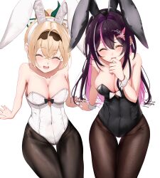 2girls ^_^ absurdres ahoge alternate_costume animal_ear_hairband animal_ears arm_support azki_(hololive) bare_arms bare_shoulders black_hairband black_leotard black_pantyhose blonde_hair blush bow breasts cleavage closed_eyes colored_inner_hair commentary_request covered_navel crossed_bangs double-parted_bangs facing_viewer fake_animal_ears hair_between_eyes hair_bow hair_intakes hairband hand_on_own_chin highleg highleg_leotard highres hololive invisible_chair kamisaka_shyou kazama_iroha leotard long_hair medium_breasts medium_hair multicolored_bow multicolored_hair multiple_girls open_mouth pantyhose pink_hair playboy_bunny ponytail rabbit_ear_hairband rabbit_ears ribbon simple_background sitting smile strapless strapless_leotard streaked_hair teeth thigh_gap transparent_background upper_teeth_only virtual_youtuber white_background white_hairband white_leotard white_ribbon wrist_cuffs