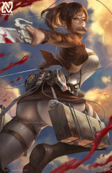Rule 34 | 1girl, artist name, blood, bloody weapon, bread, brown hair, cloud, cloudy sky, commentary, commission, deviantart logo, deviantart username, english commentary, evening, food, high ponytail, highres, holding, holding sword, holding weapon, jacket, long sleeves, looking at viewer, military uniform, mouth hold, nopeys, open clothes, open jacket, outdoors, paradis military uniform, patreon logo, patreon username, ponytail, realistic, sasha blouse, shingeki no kyojin, signature, sky, solo, sword, uniform, watermark, weapon, web address
