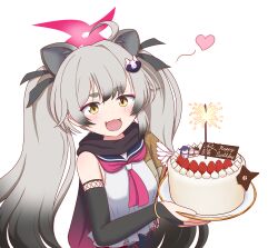 Rule 34 | 1girl, ahoge, animal ear fluff, animal ears, black sailor collar, black scarf, blue archive, blush, bridal gauntlets, cake, commentary request, extra ears, fang, food, halo, happy birthday, heart, highres, holding, holding plate, izuna (blue archive), long hair, michiru (blue archive), mugisepa, neckerchief, open mouth, plate, red halo, red neckerchief, sailor collar, scarf, simple background, skin fang, smile, solo, tsukuyo (blue archive), upper body, white background, white hair, yellow eyes