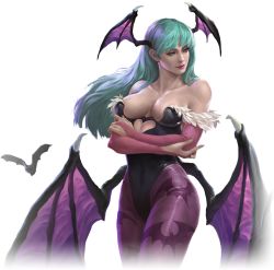 Rule 34 | bat wings, bats, breasts, cleavage, crossed arms, demon girl, highres, morrigan aensland, demon girl, transparent background, vampire (game), wings