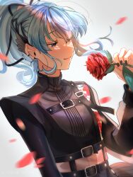 Rule 34 | 1girl, absurdres, belt, belt buckle, black nails, blue eyes, blue hair, bow, buckle, earrings, falling petals, flower, hair bow, half-closed eyes, highres, hololive, hoshimachi suisei, hoshimachi suisei (shout in crisis), jewelry, l yth, leaf, midriff, nail polish, petals, ponytail, red flower, red rose, rose, rose petals, simple background, smile, solo, upper body, virtual youtuber, white background