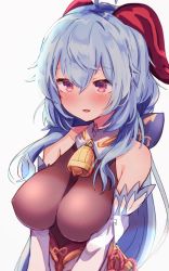 Rule 34 | 1girl, ahoge, baram, bare shoulders, bell, blue hair, blush, bow, breasts, breasts squeezed together, chinese knot, covered erect nipples, detached sleeves, flower knot, ganyu (genshin impact), genshin impact, gold trim, highres, horns, large breasts, long hair, looking at viewer, neck bell, parted lips, purple eyes, sidelocks, smile, solo, upper body, white background, white sleeves