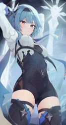 Rule 34 | 1girl, absurdres, arms behind head, arms up, black bodysuit, black footwear, black hairband, blue hair, bodysuit, boots, breasts, brown eyes, closed mouth, commentary request, cropped jacket, eula (genshin impact), genshin impact, hairband, highres, jacket, juliet sleeves, long sleeves, looking at viewer, medium breasts, puffy sleeves, racchi., solo, standing, thigh boots, v-shaped eyebrows, white jacket
