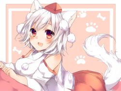 Rule 34 | 1girl, :d, animal ears, bad id, bad twitter id, blush, bone print, breasts, brown eyes, commentary request, detached sleeves, hat, inubashiri momiji, karasusou nano, looking at viewer, medium breasts, one-hour drawing challenge, open mouth, paw print, pom pom (clothes), red skirt, short hair, skirt, smile, solo, tail, tokin hat, touhou, white hair, wolf ears, wolf tail
